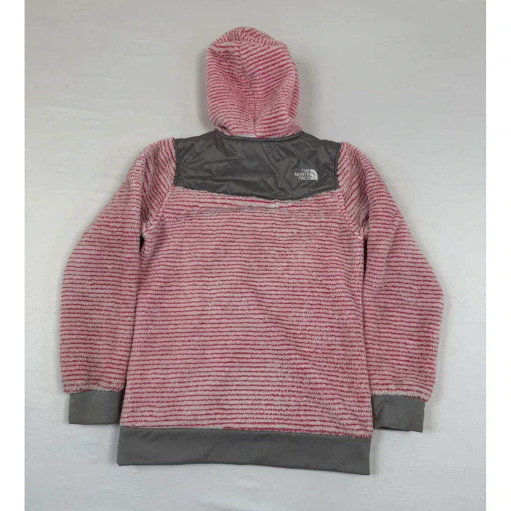 The North Face Girls Pink White Striped Full Zip Hooded‎ Fleece Jacket L (14/16)